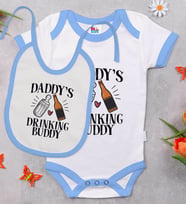 BK Kids Daddy's Drinking Buddy Tasarımlı Mavi Bebek Body Zıbın ve Mama Önlüğü Hediye Seti-1