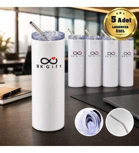 Logonuza Özel 5 Adet Pipetli Çelik Termos 600 ml Beyaz Paslanmaz Kurumsal Termos