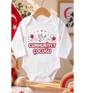 %100 Pamuk Bebek Zıbın Body Uzun Kollu Cumhuriyet Çocuğu Baskılı Bayraklı