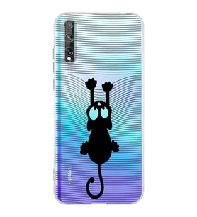 Huawei P Smart s  Kamera korumalı Kapak Çizgi Kedi (Siyah) Tasarımlı Şeffaf Kılıf