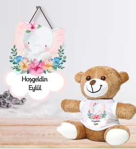 Kişiye Özel Bebek Kapı Süsü ve Peluş Ayıcık Seti – Baby Shower / Hastane Odası