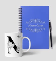 Kişiye Özel Ahşap Mavi Defter Kalem Kupa Hediye Seti
