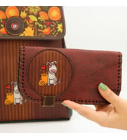 Kedi ve Köpek Figürlü Büyük Cüzdan Etnik Bohem Retro Vintage Style  - BORDO