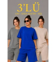 3’lü Oversize Tişört Şort Takım Seti Yazlık İki İplik Kumaş - Gri, Saks Mavisi, Bej