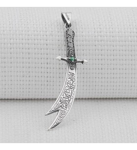 Yeşil Taşlı Zülfikar Kılıç Tasarımlı 925 Ayar Gümüş Kolye Ucu