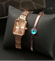 Spectrum Rose Gold Kadın Kol Saati& Rose Gold Nazar Göz Detaylı Kelepçe Bileklik