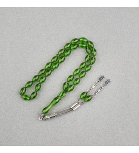 Sıkma Kehribar Beyzi Kesim Alpaka Püsküllü 7x11mm Tesbih Yeşil