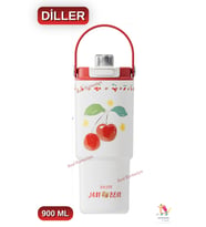 Vagonlife Diller 900 ML Desenli Çift İçim Pipetli / Pipetsiz Termos Taşıma Askılı Termos (Kırmızı)