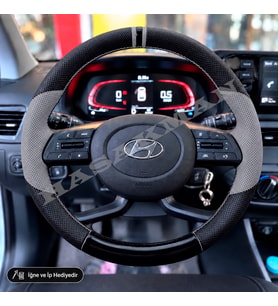 Hyundai Bayon Dikme Direksiyon Kılıfı Delikli Deri Parlak Siyah Gri Detay Çift Yüzük ve Dikiş 2021-2026