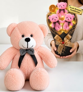 Kişiye Özel Yazılı Pembe LED Işıklı Peluş Ayıcık Buketi ve 50 cm Pembe Peluş Ayıcık Hediye Seti