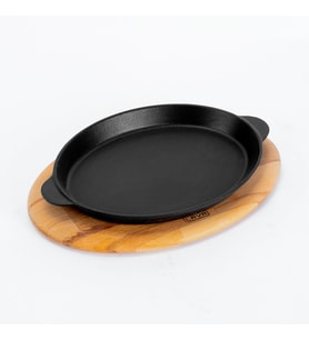 Lava Döküm Oval Fajita Tabağı Döküm Demir Yekpare Çift Kulplu Kayın Servis Ahşabı Ölçü 18x24cm.
