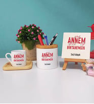 Anneler Günü Hediyesi Anneye Hediye - 7 - Ahşap Altlıklı Türk Kahvesi Fincanı Kalemlik Dekoratif Taş Baskı Hediye Seti