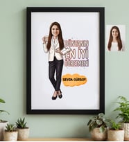Kişiye Özel Karikatürlü Kadın Öğretmen Siyah Çerçeve Öğretmenler Günü Hediyesi