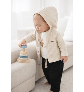 Roket Baskılı Müslin Kumaş Kapüşonlu Bebek Erkek Üçlü Takım Set Babyhola (Füme)