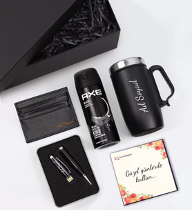 Kişiye Özel 32 GB Usb Siyah Touch Kalem & Kişiye Özel Siyah Kulplu 280 ML Çelik Termos & Siyah Kartlık & Erkek Deodorant Hediye Seti