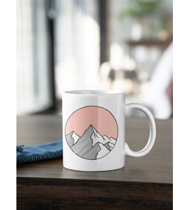 Kio Tasarım Kio Tasarım Dağ Çizimi Pembe Baskılı Kahve Çay Kupası Kupa Beyaz Porselen Mug Sevgililer-İş Arkadaşı-Doğum-Günü Hediyesi Hediye