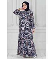 Motif Desen Beli Kuşaklı Viskon Elbise-Lacivert