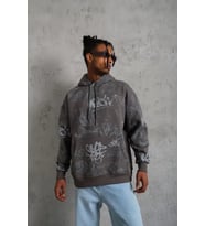 Erkek Baskılı Kapüşonlu Ribanalı Sweat - Gri