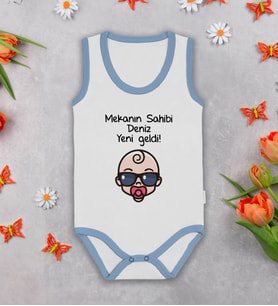 BK Kids Kişiye Özel Mekanın Sahibi Mavi Biyeli Askılı Sıfır Kol Bebek Body Zıbın, Yeni Doğan Bebek Hediyesi