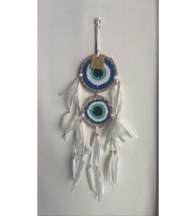 2 Halkalı Mavi Tasarımlı Beyaz Tüylü Dream Catcher Rüya Düş Kapanı