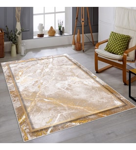 Beyaz Zemin Gold Çerçeveli Yıkanabilir Kaymaz Taban Leke Tutmaz Modern Salon Halısı ve Yolluk