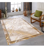 Beyaz Zemin Gold Çerçeveli Yıkanabilir Kaymaz Taban Leke Tutmaz Modern Salon Halısı ve Yolluk