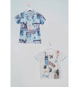 2'li See Baskılı Gömlek Tshirt İndigo Takım