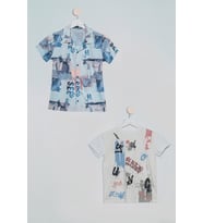 2'li See Baskılı Gömlek Tshirt İndigo Takım