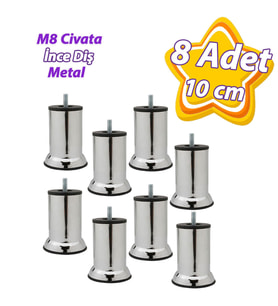 8 Adet Metal Destek Ayağı 10 Cm Krom Mobilya Kanepe Baza Koltuk Ünite Ayakları Metrik 8 Civatalı İnce Diş