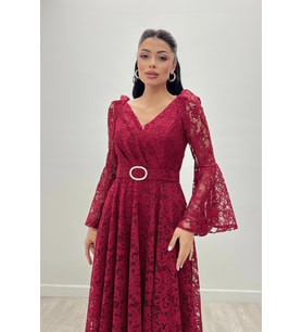 Dantel Kumaş Kolları Volan Detaylı - BORDO