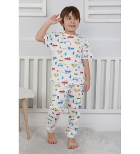Trafik Desenli Beyaz %100 Pamuk Kısa Kollu Erkek Pijama Takımı (3,4,5,6,7,8 Yaş)