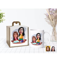 BK Gift Kişiye Özel Ahşap Kutuda Anneler Günü Temalı Anne Kız Karikatürlü Beyaz Kupa Bardak-1