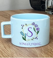 Kişiye Özel Çiçekli S Harfli Hediye Pastel Fincan İsim Soyisim Yazılı (Mavi)