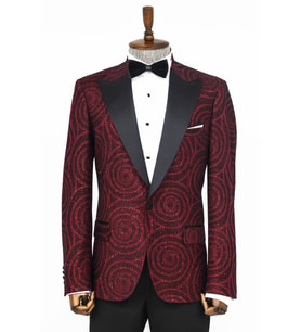Hipnoz Desen Sivri Yaka Slim Fit Bordo Erkek Smokin Ceket - Wessi