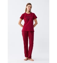 pilelistore- Kadın Bordo Kalp Desenli Kısa Kollu Penye Pijama Takımı