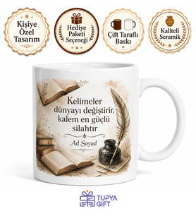Yazara Hediye Kitap Temalı Baskılı Kupa Bardak Yazar Hediyesi Özel Tasarım