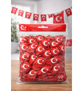 Ayyıldızlı Kırmızı Balon Seti Türk Bayraklı Parti Balonu Dayanıklı Latex Balon 50 Adet
