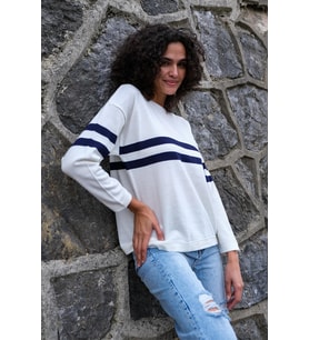 Chuba Kadın Çizgi Detaylı Oversize Triko Kazak Ekru-Lacivert 22WK257