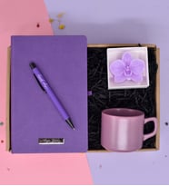 Kişiye Özel Mor Termo Defter& Mor Roller Kalem& Lila Renkli Kupa& Orkide Çiçeği Model Mor Renkli Mum Hediye Seti