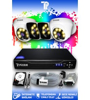 PICAM 4 Kameralı Kare 2 İç Kamera Set 2 TB HDD Full HD Renkli Gece Görüşlü Güvenlik Kamerası Sistemi
