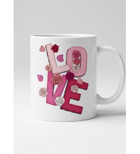 Çiçekli Love Mug - Pembe Güllü Love Desenli Sevgililer Günü Hediye Kupa (Beyaz)