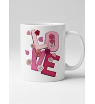 Çiçekli Love Mug - Pembe Güllü Love Desenli Sevgililer Günü Hediye Kupa (Beyaz)