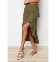 Moda Kruvaze Düz Desen Günlük Midi Boy Volanlı Kruvaze Kapama Midi Boy Dokuma Etek