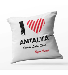Kişiye Özel Antalya Seninle Daha Güzel Tema Kare Saten Yastık (Beyaz)