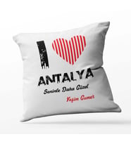 Kişiye Özel Antalya Seninle Daha Güzel Tema Kare Saten Yastık (Beyaz)