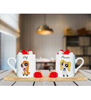 Powerpuff Blossom & Bubbles Arkadaş Çift Tasarımlı Çift Ahşap Tabaklı Kişiye Özel Türk Kahvesi Fincanı Seti