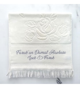 Kişiye Özel İsim İşlemeli Kadife Etamin Çeyizlik Söz Damat Havlusu (Tatlı Gri)