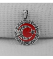 Gravur İşlemeliOrta Boy Ay Yıldız 925 Ayar Gümüş Erkek Kolye Ucu