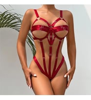 Bordo Tanga Şerit Dikiş Halka Detaylı Backles Bodysuit Fetiş İç Çamaşırı
