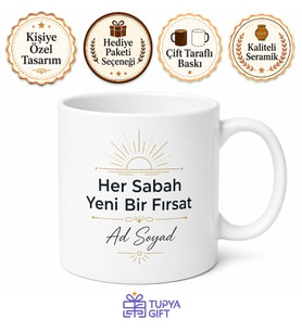 İsimli Sabah Kupası Baskılı Motivasyon Hediyesi Kişiye Özel Porselen Kupa Bardak